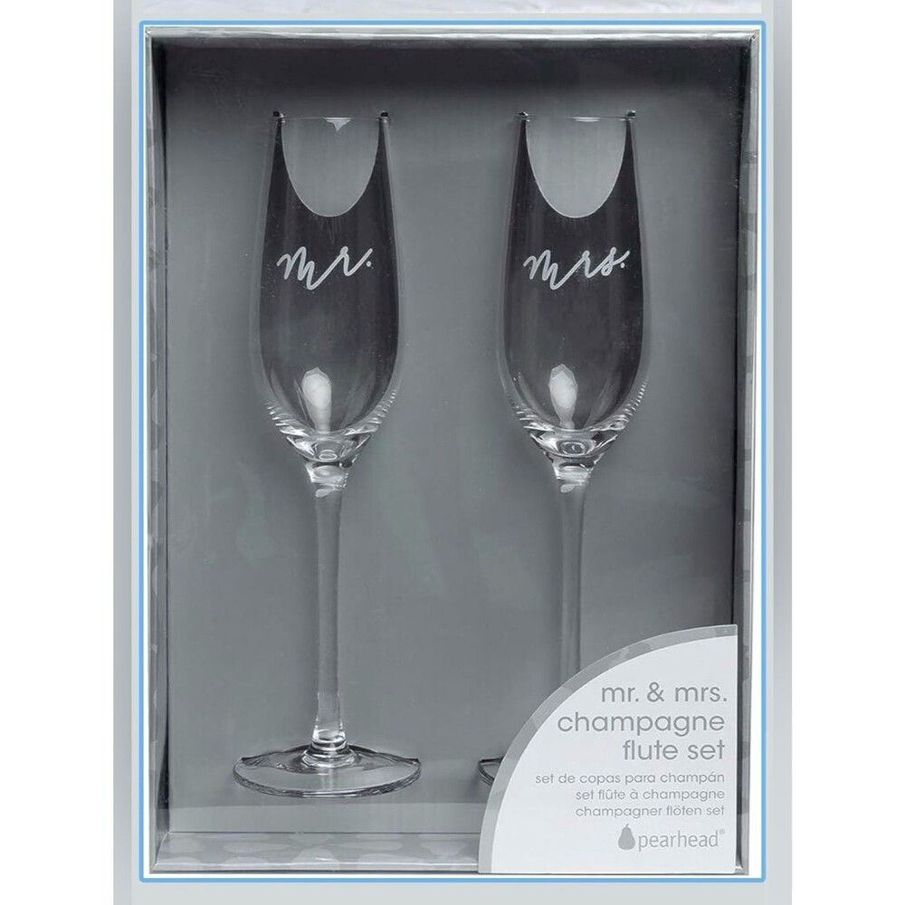 Pearhead Mr. & Mrs. Champagne Flute Set Clear Glass 2pc NEW